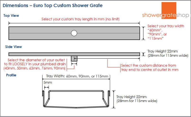 Euro Top Shower Grate - Custom Sizes - 316 Stainless Steel