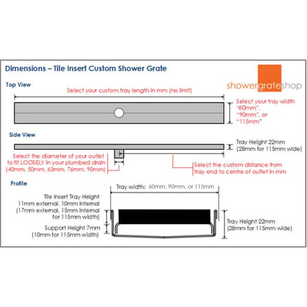 Tile Insert Shower Grate/Channel - Dimensions