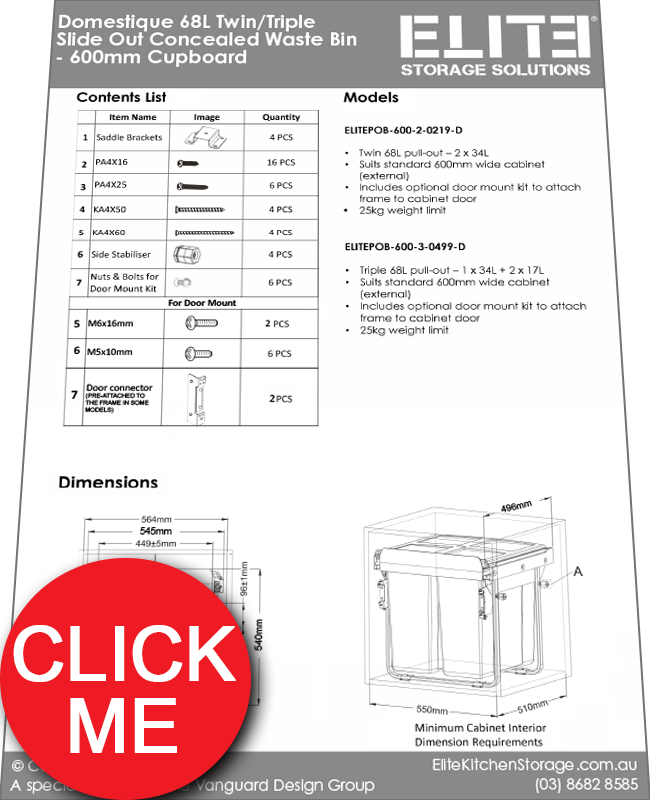 Instructions Manual for ELITE Domestique 56L Twin Slide Out Concealed Waste Bin 400mm Cupboard