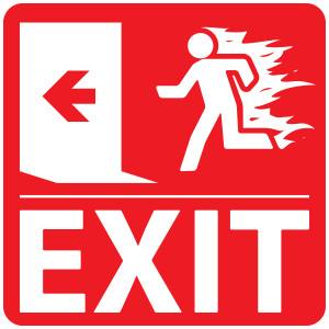 Emergency fire exit sign on a red background